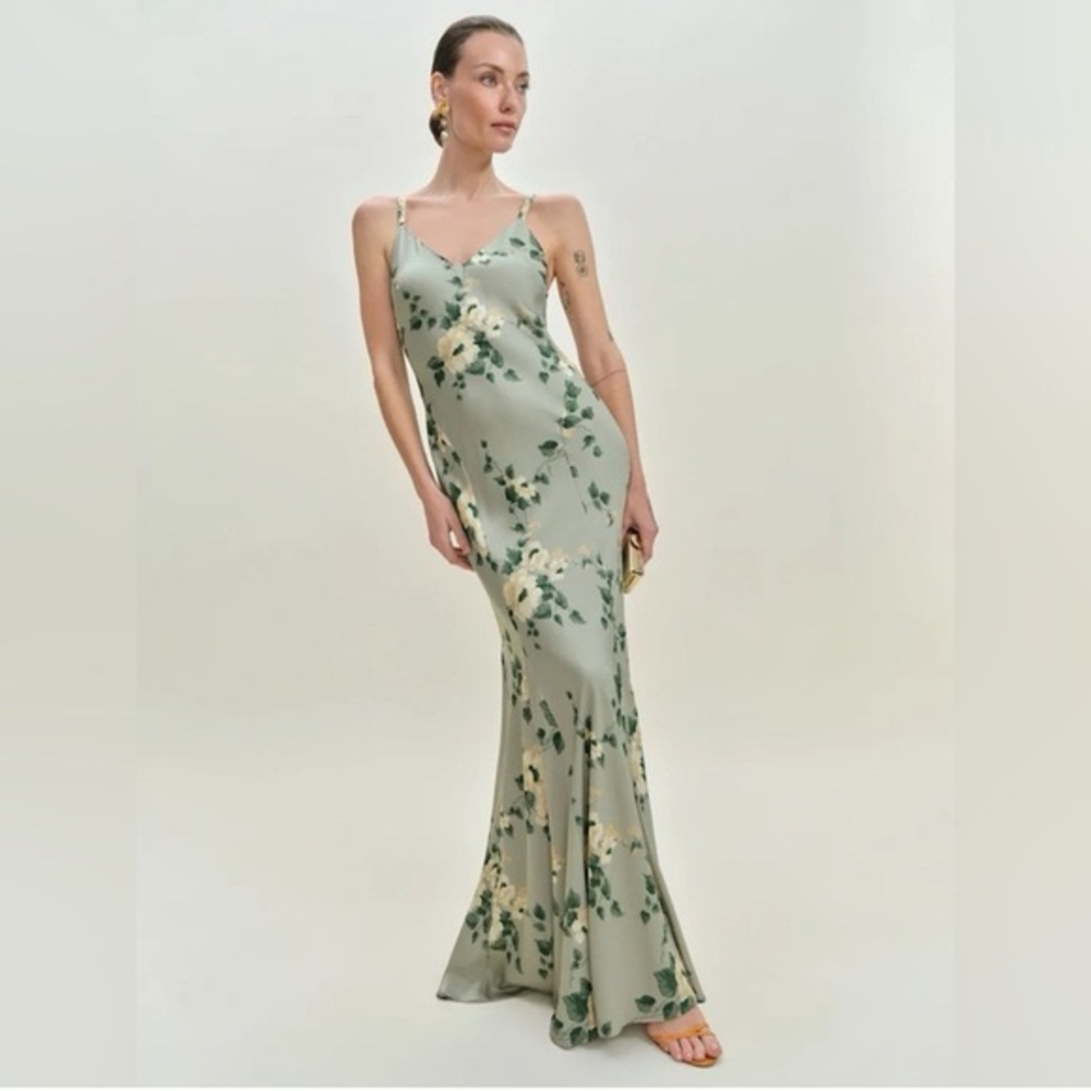 Reformation Tyler Satin Dress Gown Size 4 Shade Green